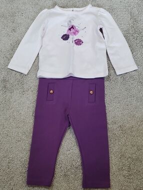 Girls Janie & Jack Floral Ballerina Top & Purple Button Ponte Pants. 6-12 Months